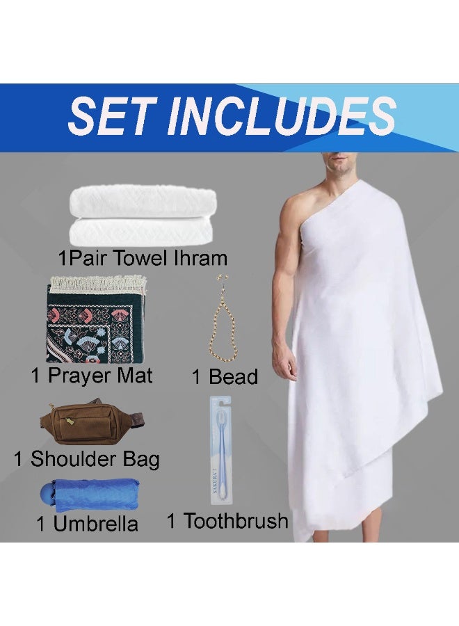 Home Smart Ihram 6pc Set for Adults| Hajj and Umrah Pilgrimage Light weight and Ultra-Soft Sheets,prayer mat, bead, toothbrush, crossbody shoulder bag and umbrella Ideal Gift for Hajj pilgrimage. - Image 2
